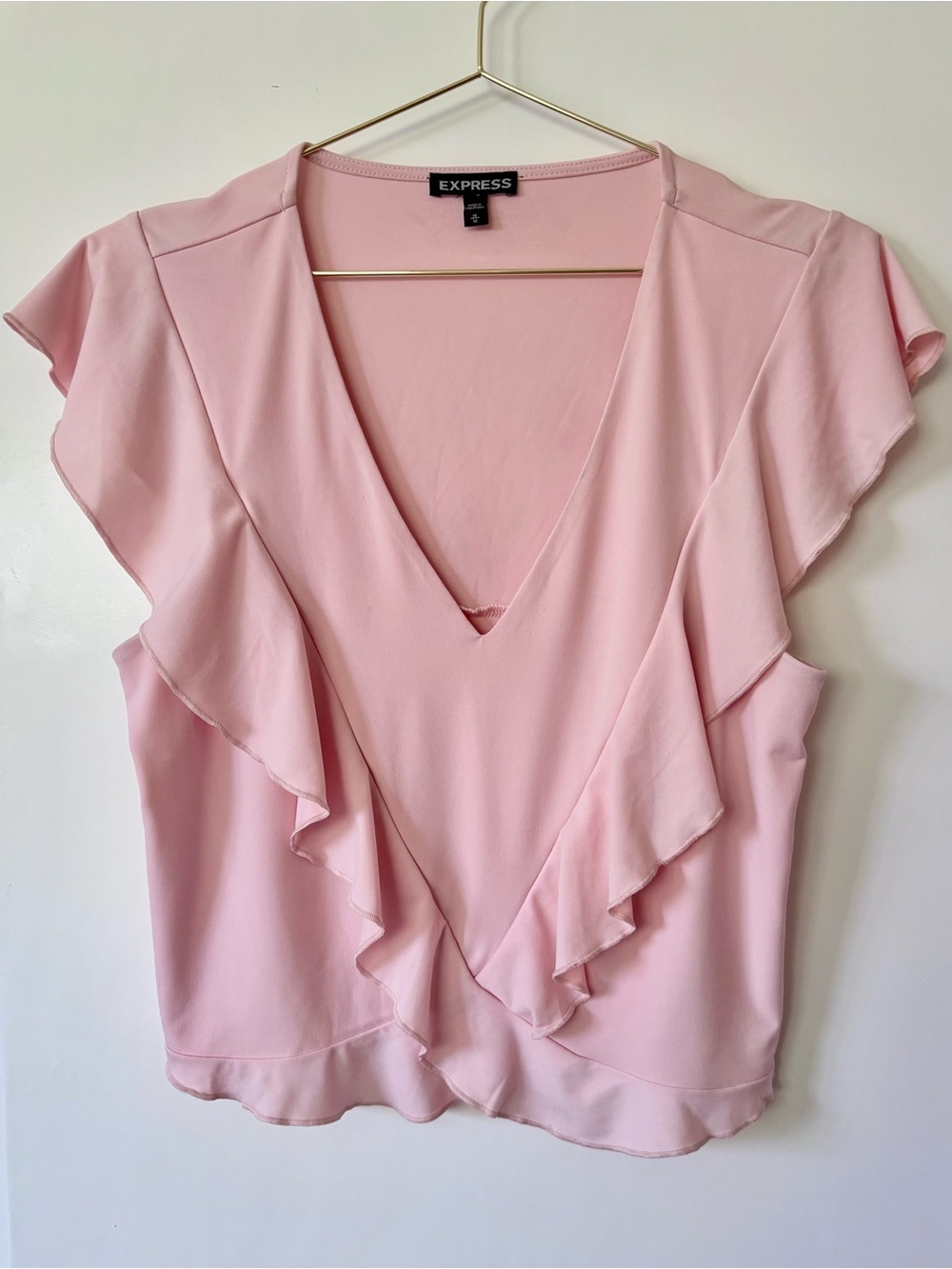 Express| Pink Ruffle Stretch Knit V-Neck Cap Sleeve Top/Blouse Sz M